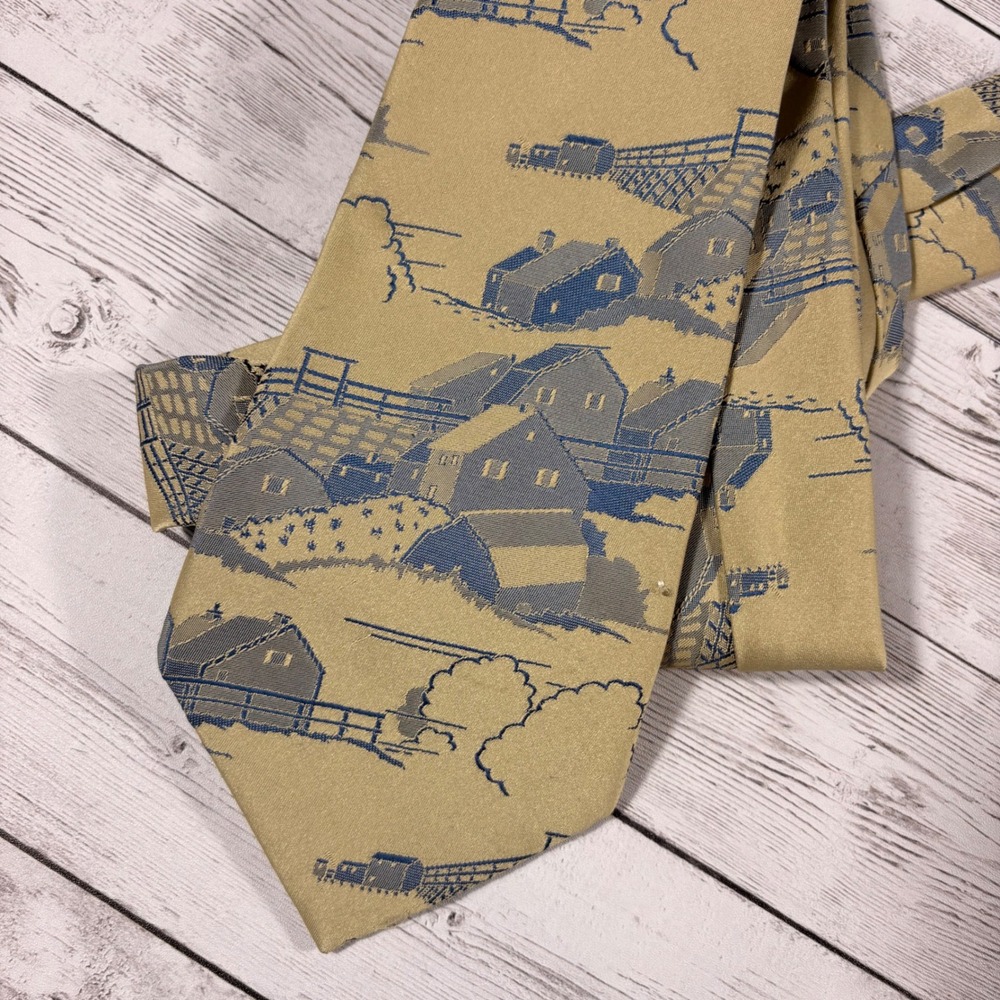 Vintage Montgomery Ward Mens Tan Blue Farm Landscape Dacron Polyester Necktie